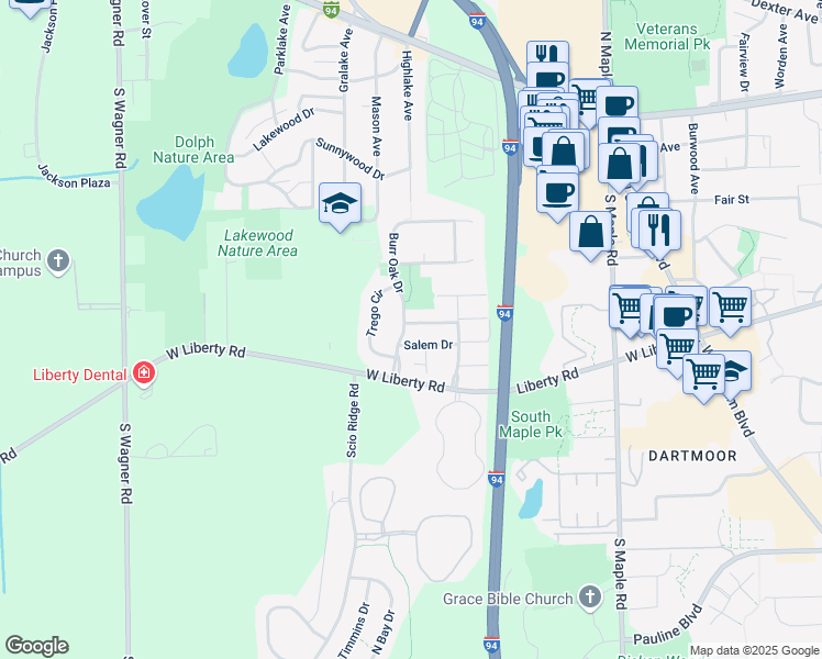 map of restaurants, bars, coffee shops, grocery stores, and more near 648 Burr Oak Drive in Ann Arbor