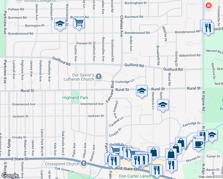 map of restaurants, bars, coffee shops, grocery stores, and more near Rural St & Fairview Blvd in Rockford
