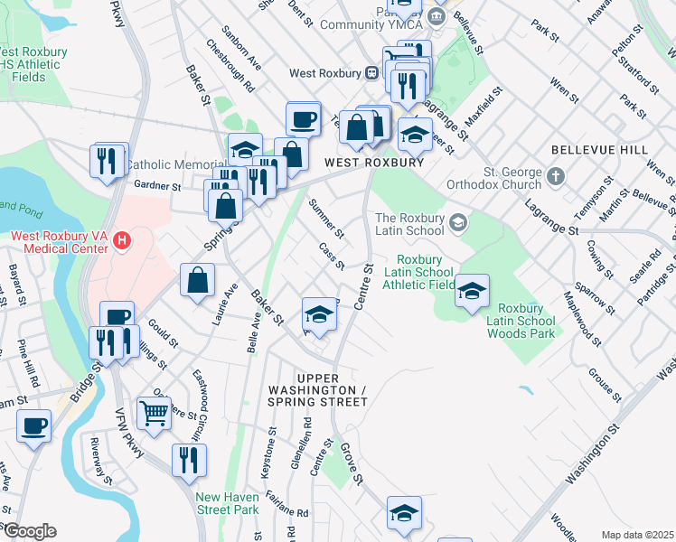 map of restaurants, bars, coffee shops, grocery stores, and more near 93 Cass Street in Boston
