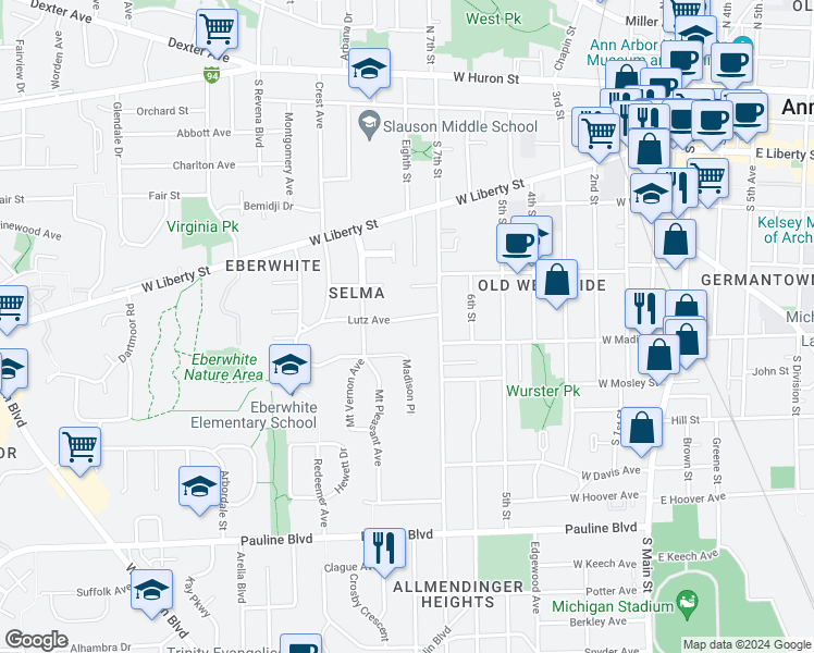 map of restaurants, bars, coffee shops, grocery stores, and more near 931 Lutz Avenue in Ann Arbor