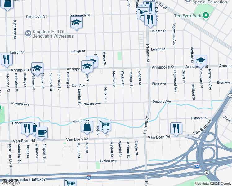 map of restaurants, bars, coffee shops, grocery stores, and more near 4957 Mayfair Street in Dearborn Heights