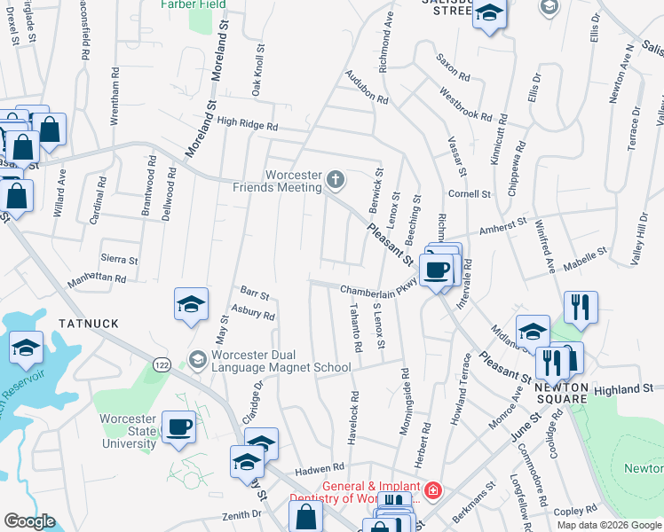 map of restaurants, bars, coffee shops, grocery stores, and more near 11 Kensington Heights in Worcester
