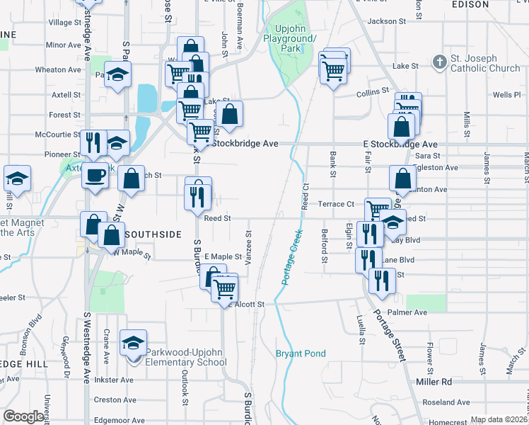 map of restaurants, bars, coffee shops, grocery stores, and more near 305 Reed Avenue in Kalamazoo