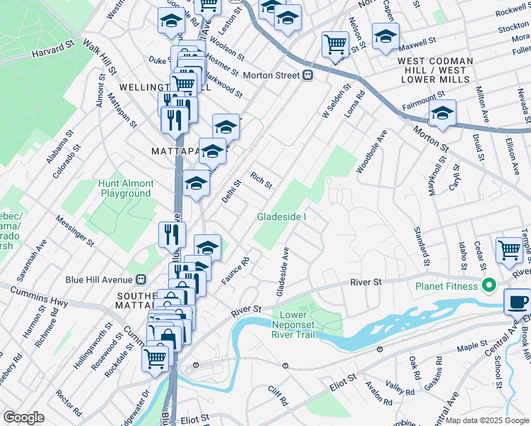 map of restaurants, bars, coffee shops, grocery stores, and more near 198 West Selden Street in Mattapan