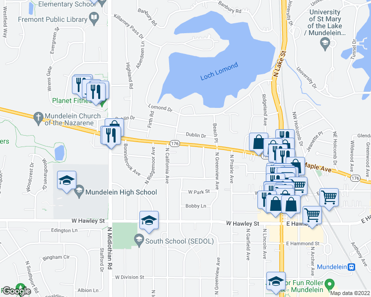 map of restaurants, bars, coffee shops, grocery stores, and more near 660 Blue Spruce Lane in Mundelein