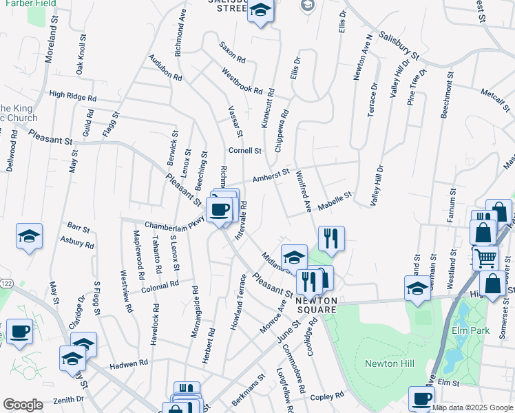 map of restaurants, bars, coffee shops, grocery stores, and more near 25 Creswell Road in Worcester