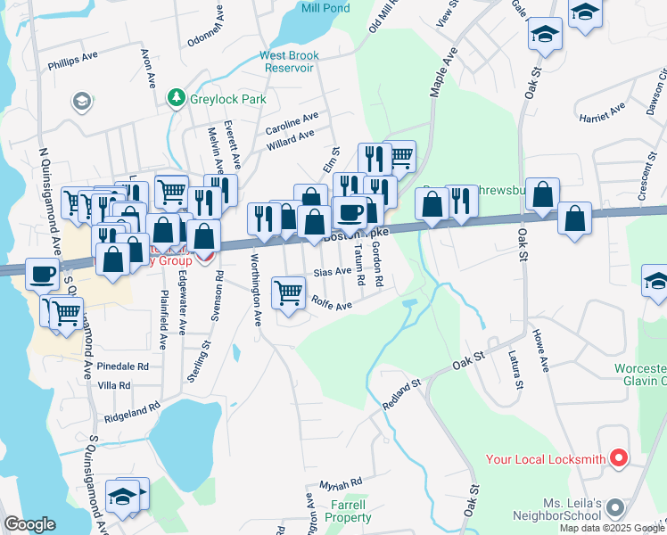 map of restaurants, bars, coffee shops, grocery stores, and more near 33 Sias Avenue in Shrewsbury