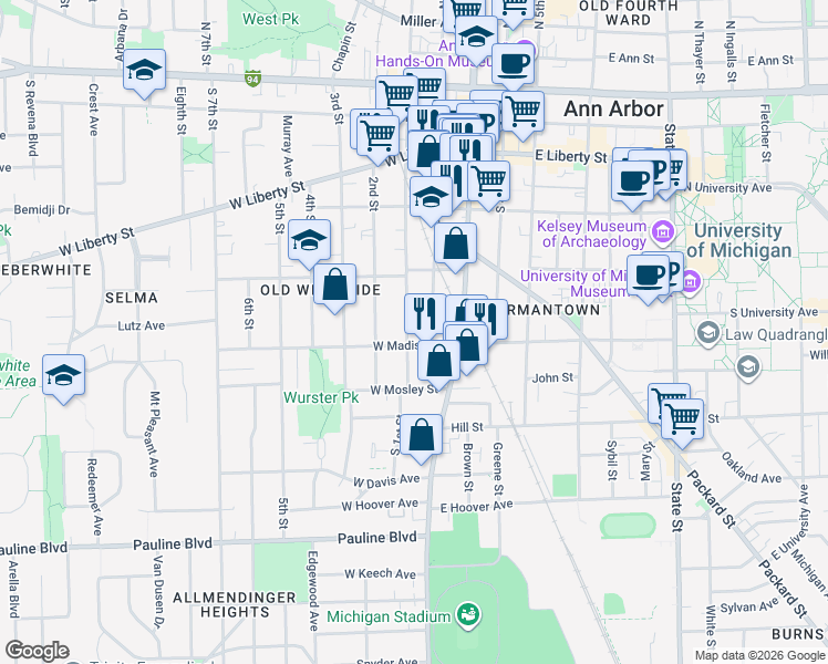 map of restaurants, bars, coffee shops, grocery stores, and more near 553 South 1st Street in Ann Arbor