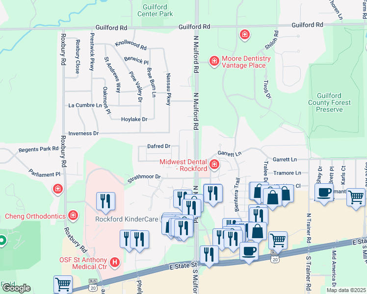 map of restaurants, bars, coffee shops, grocery stores, and more near 571 Donna Drive in Rockford