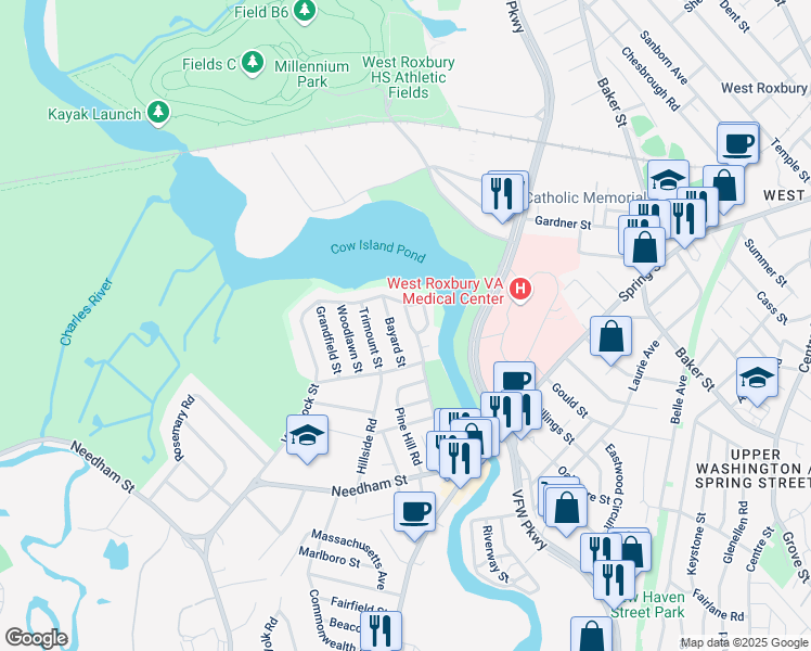 map of restaurants, bars, coffee shops, grocery stores, and more near 134 Riverside Drive in Dedham