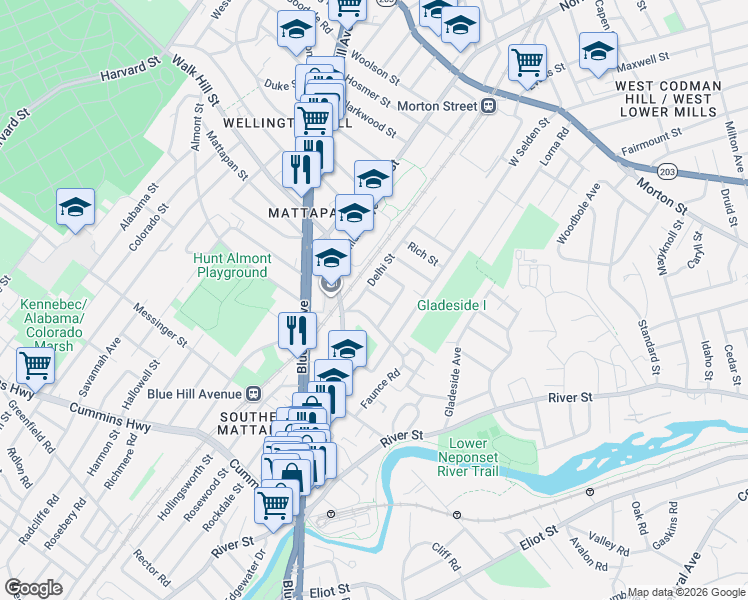 map of restaurants, bars, coffee shops, grocery stores, and more near 220 Delhi Street in Boston