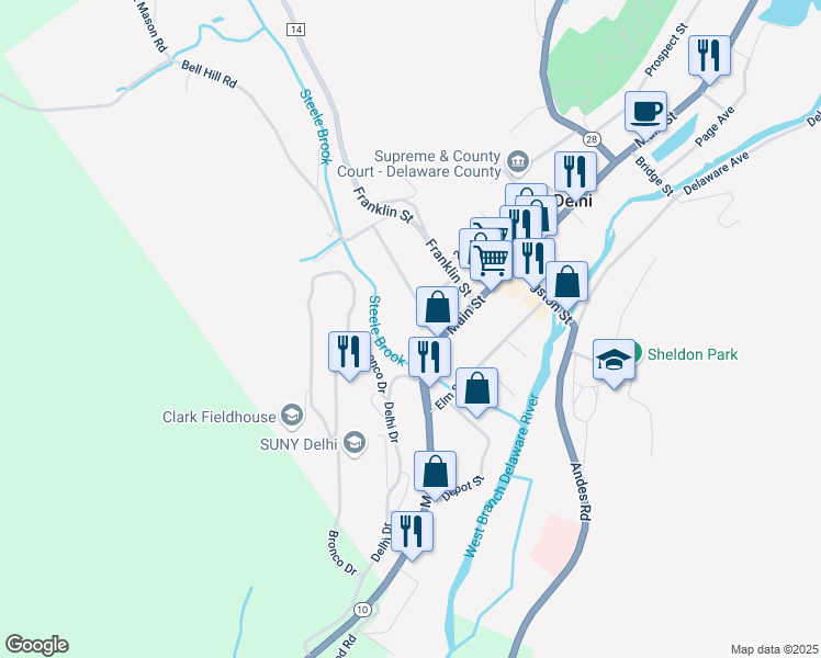 map of restaurants, bars, coffee shops, grocery stores, and more near 4 Clinton Street in Delhi