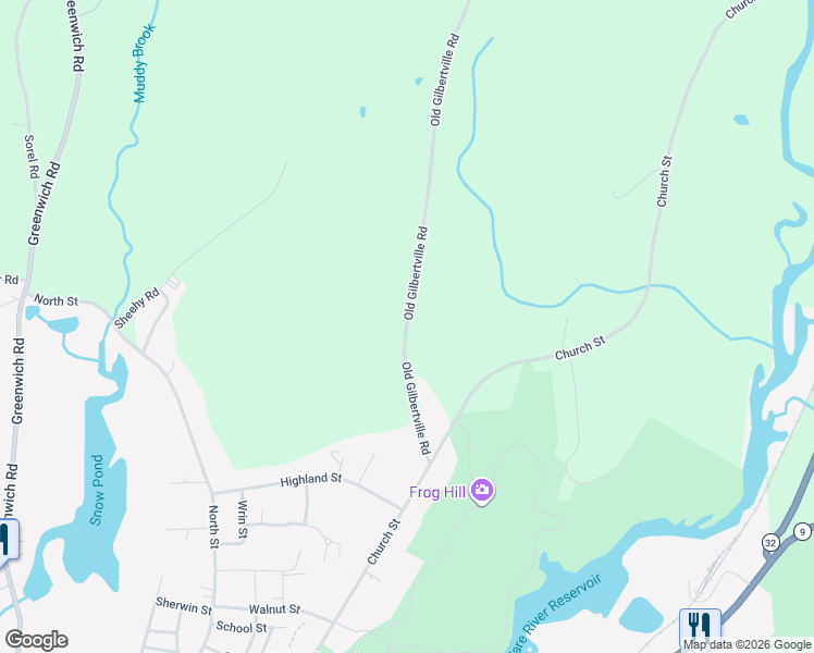 map of restaurants, bars, coffee shops, grocery stores, and more near 45 Old Gilbertville Road in Ware