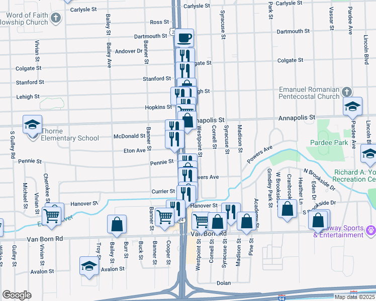 map of restaurants, bars, coffee shops, grocery stores, and more near 4902 Westpoint Street in Dearborn Heights