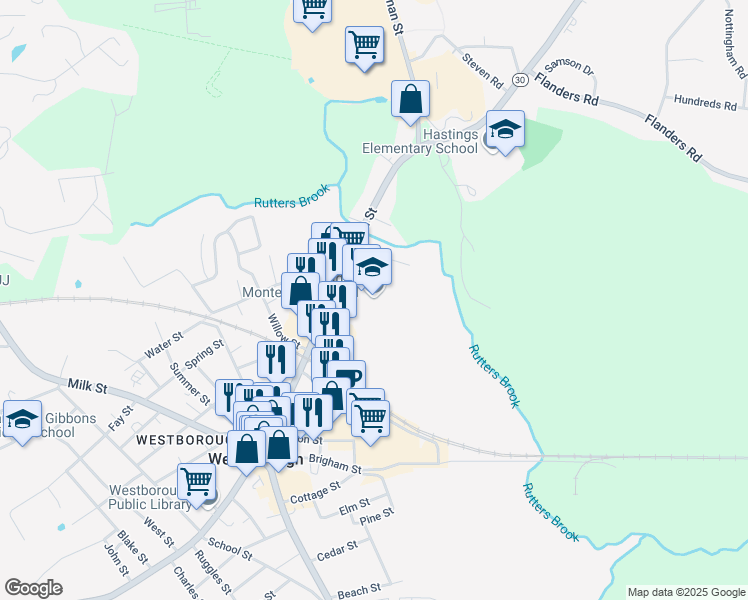 map of restaurants, bars, coffee shops, grocery stores, and more near 57 East Main Street in Westborough