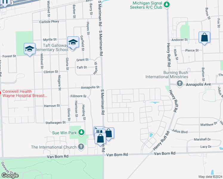 map of restaurants, bars, coffee shops, grocery stores, and more near 657 Apple Street in Westland