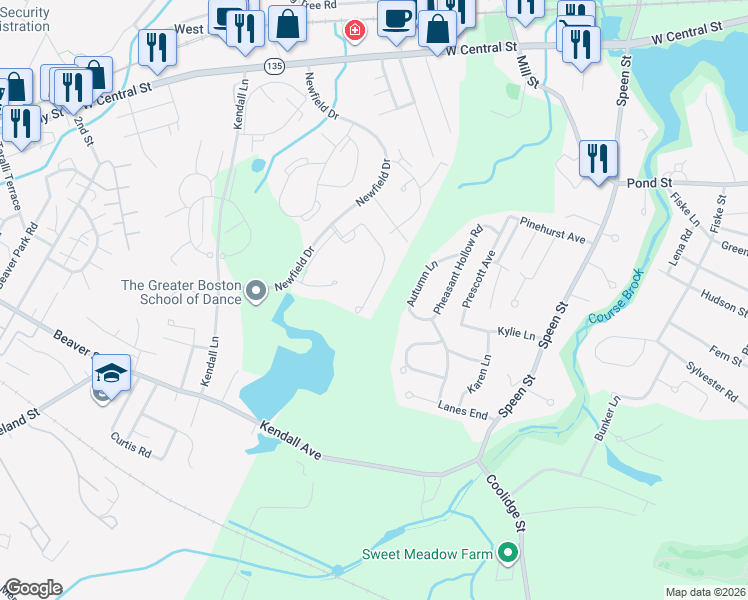 map of restaurants, bars, coffee shops, grocery stores, and more near 32 Walden Drive in Natick