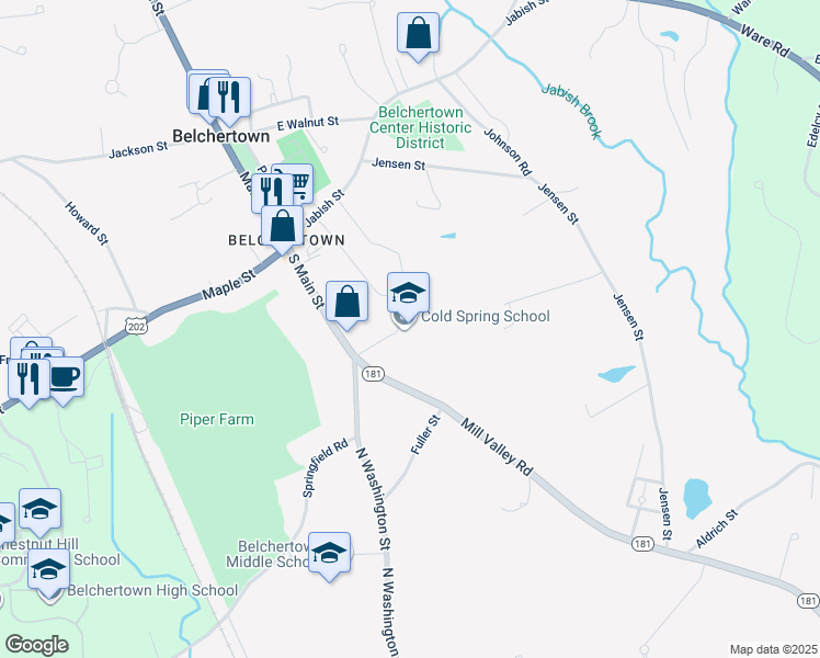 map of restaurants, bars, coffee shops, grocery stores, and more near 57 South Main Street in Belchertown