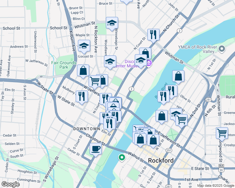 map of restaurants, bars, coffee shops, grocery stores, and more near 327 North Church Street in Rockford