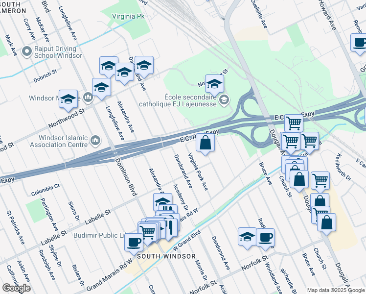 map of restaurants, bars, coffee shops, grocery stores, and more near 2721 Virginia Park Avenue in Windsor