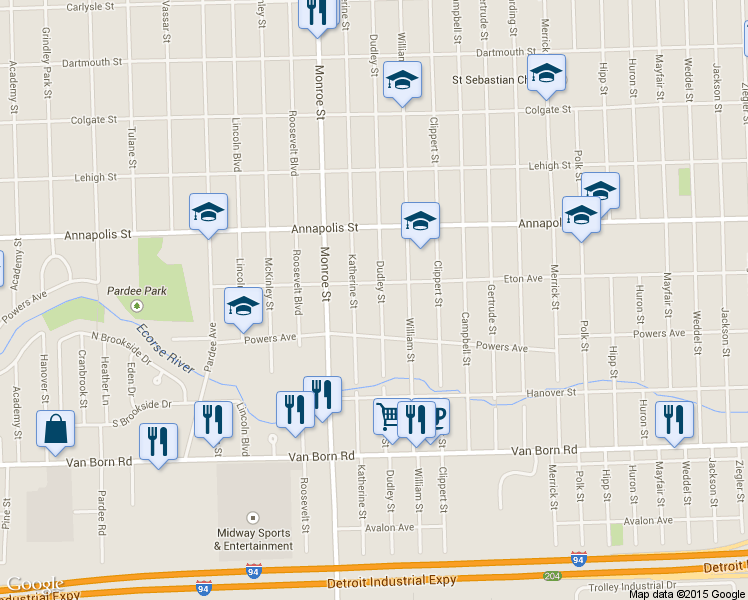 map of restaurants, bars, coffee shops, grocery stores, and more near 4936 Dudley Street in Dearborn Heights