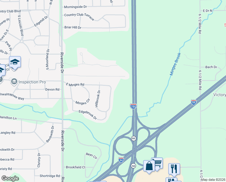 map of restaurants, bars, coffee shops, grocery stores, and more near 631 East Minges Road in Battle Creek