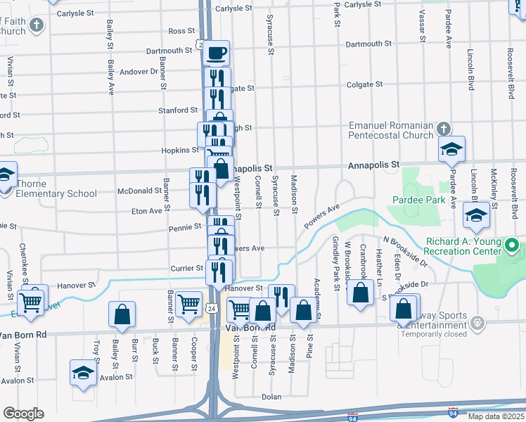 map of restaurants, bars, coffee shops, grocery stores, and more near 4901 Cornell Street in Dearborn Heights