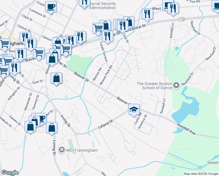map of restaurants, bars, coffee shops, grocery stores, and more near 94 2nd Street in Framingham