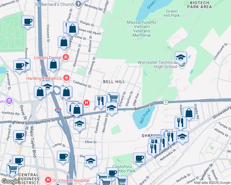 map of restaurants, bars, coffee shops, grocery stores, and more near 69 Catharine Street in Worcester