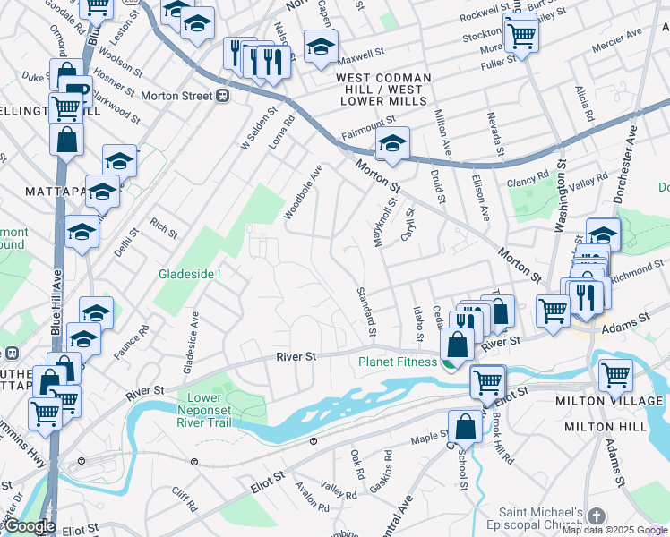 map of restaurants, bars, coffee shops, grocery stores, and more near 94 Standard Street in Boston