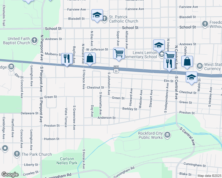 map of restaurants, bars, coffee shops, grocery stores, and more near 304 South Johnston Avenue in Rockford
