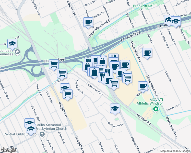 map of restaurants, bars, coffee shops, grocery stores, and more near 3009 Howard Avenue in Windsor