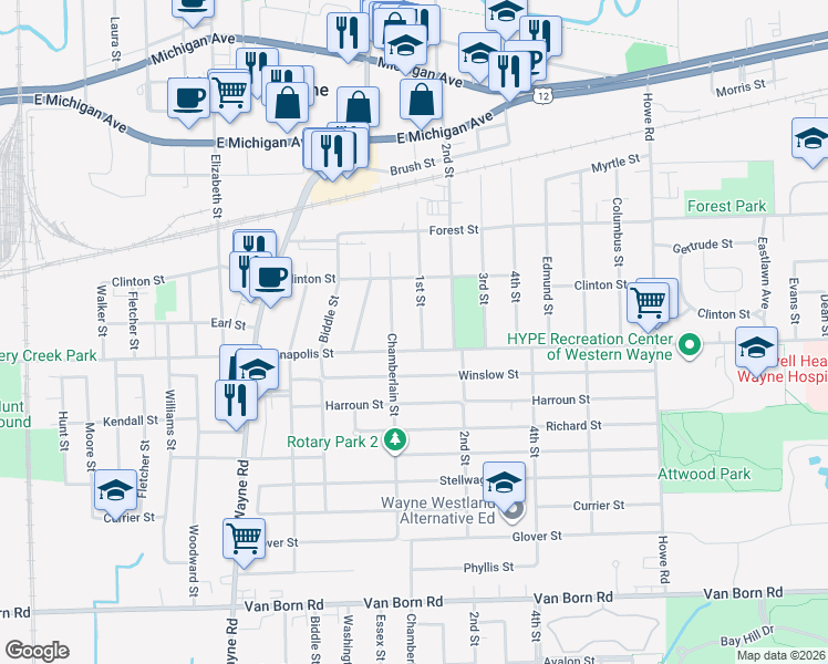 map of restaurants, bars, coffee shops, grocery stores, and more near 4470 1st St in Wayne