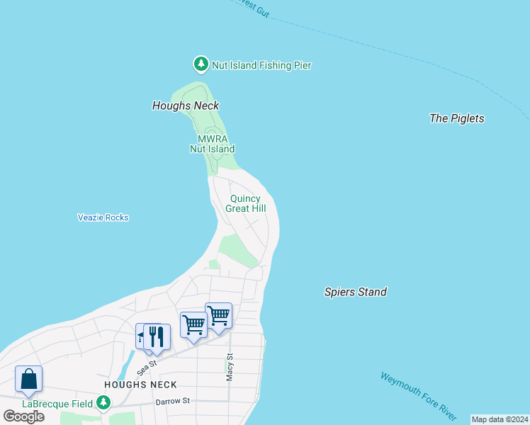 map of restaurants, bars, coffee shops, grocery stores, and more near 68 Sea Avenue in Quincy
