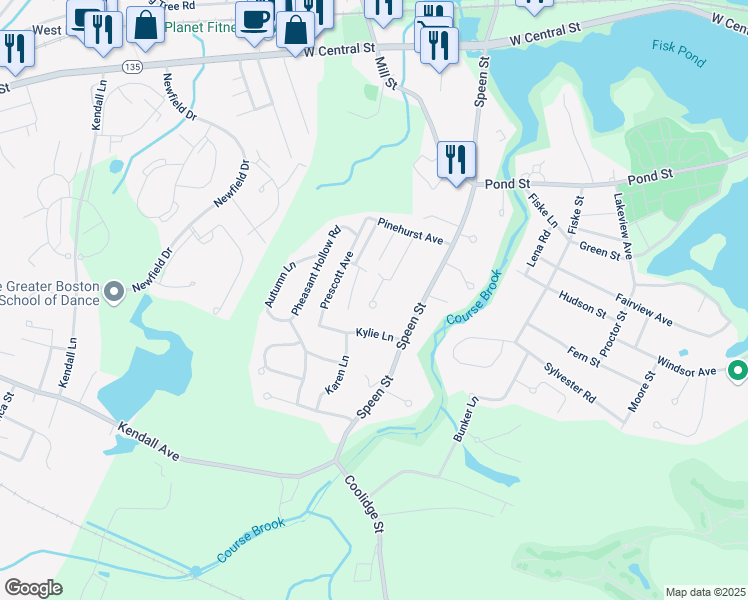 map of restaurants, bars, coffee shops, grocery stores, and more near 141 Great Rock Circle in Natick