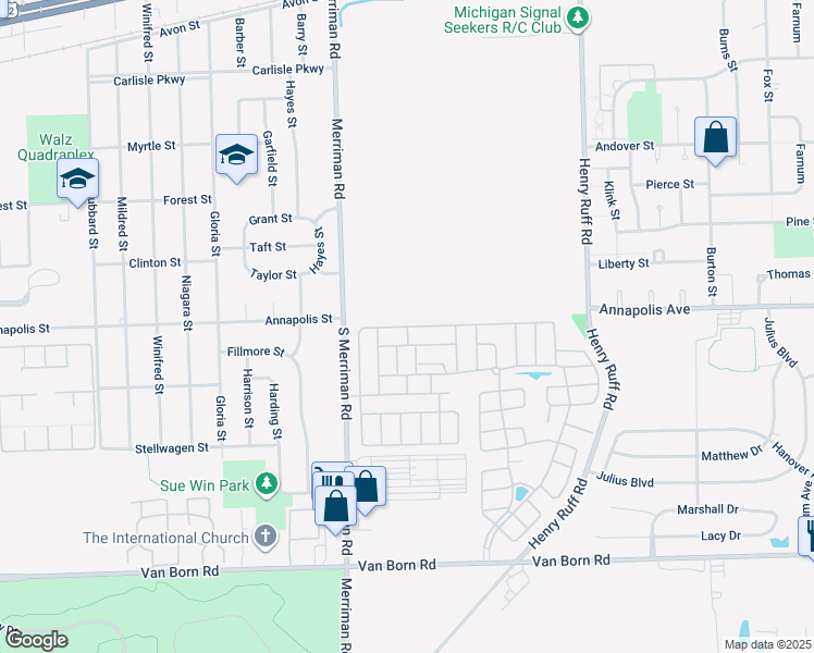 map of restaurants, bars, coffee shops, grocery stores, and more near 573 Apple Street in Westland