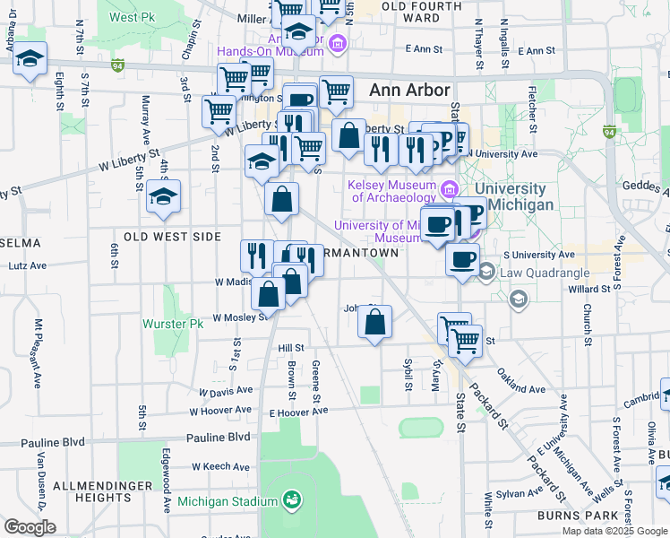 map of restaurants, bars, coffee shops, grocery stores, and more near 554 South 5th Avenue in Ann Arbor