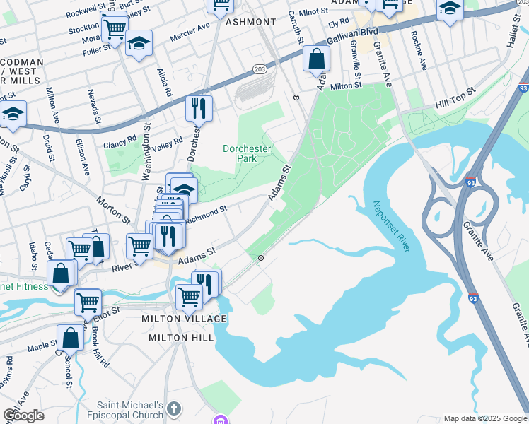 map of restaurants, bars, coffee shops, grocery stores, and more near 1078 Adams Street in Boston