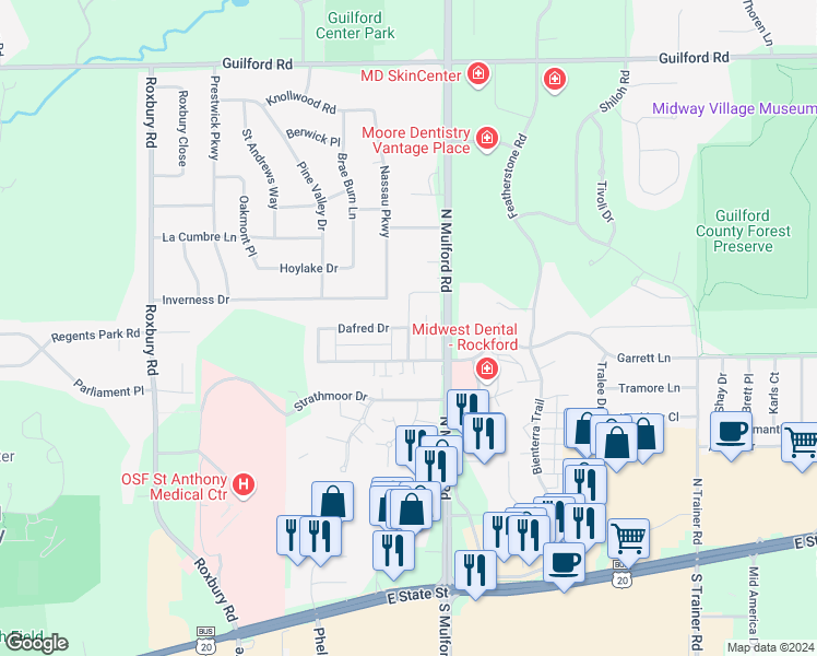 map of restaurants, bars, coffee shops, grocery stores, and more near 570 Donna Drive in Rockford