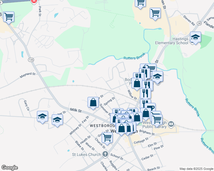 map of restaurants, bars, coffee shops, grocery stores, and more near 48 High Street in Westborough