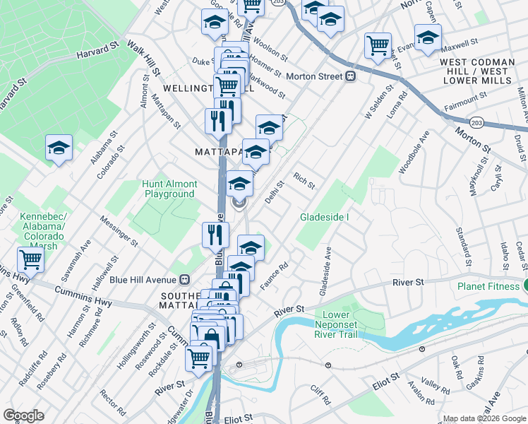 map of restaurants, bars, coffee shops, grocery stores, and more near 220 Delhi St in Boston