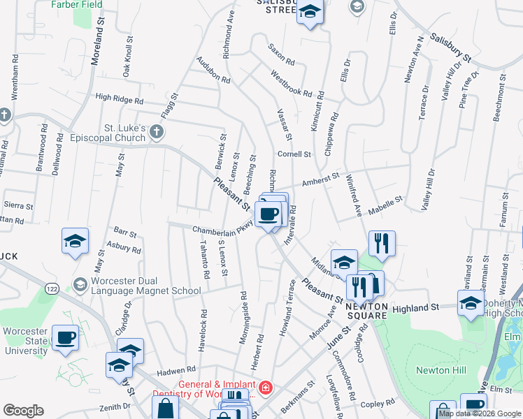 map of restaurants, bars, coffee shops, grocery stores, and more near 2 Ureco Terrace in Worcester