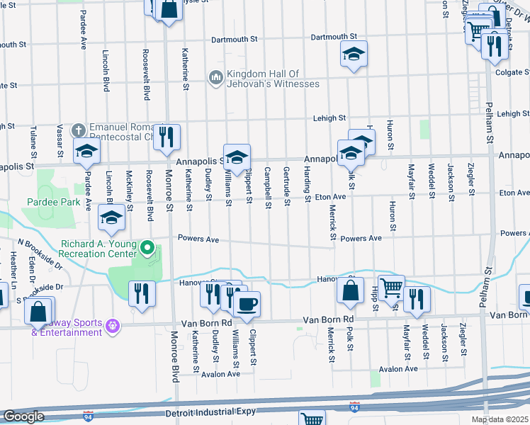 map of restaurants, bars, coffee shops, grocery stores, and more near 4937 Clippert Street in Dearborn Heights