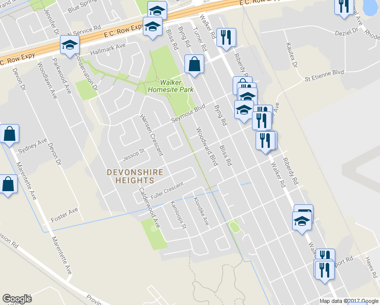 map of restaurants, bars, coffee shops, grocery stores, and more near 1744 Foster Avenue in Windsor