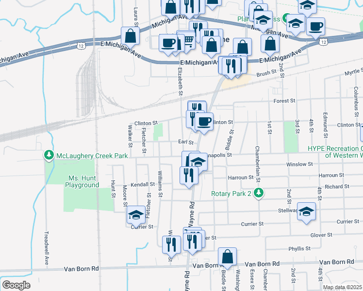 map of restaurants, bars, coffee shops, grocery stores, and more near 4506 Elizabeth Street in Wayne