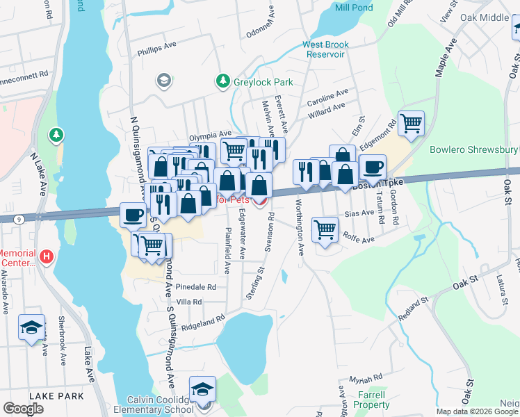 map of restaurants, bars, coffee shops, grocery stores, and more near 196 Boston Turnpike in Shrewsbury