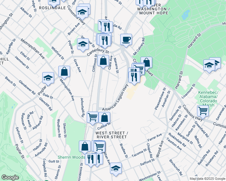 map of restaurants, bars, coffee shops, grocery stores, and more near 123 Navarre Street in Boston