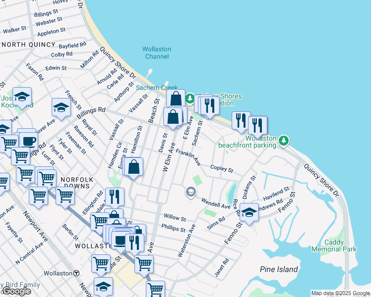 map of restaurants, bars, coffee shops, grocery stores, and more near 14 Franklin Avenue in Quincy
