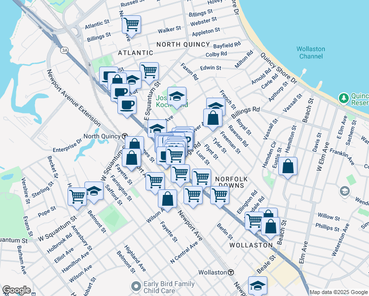map of restaurants, bars, coffee shops, grocery stores, and more near 10 Pierce Street in Quincy