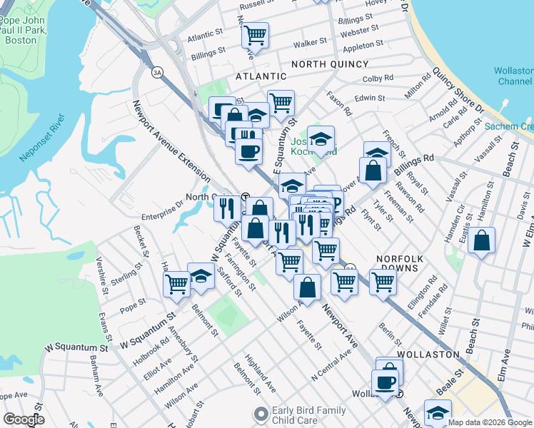 map of restaurants, bars, coffee shops, grocery stores, and more near 24 Holmes Street in Quincy